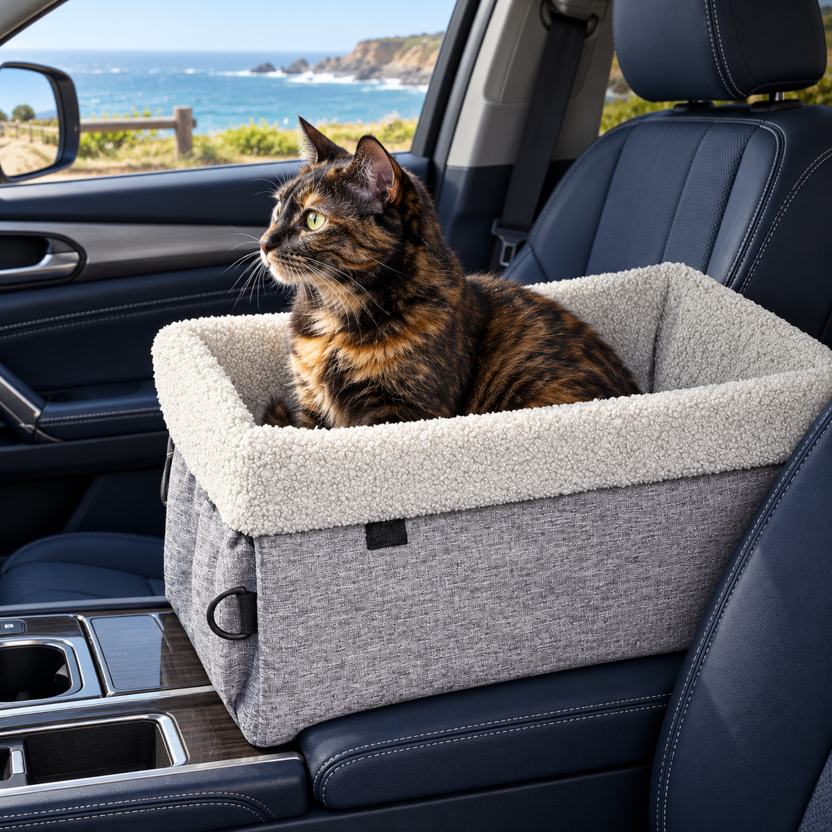Hoofun fleece-lined console pet seat – with cat in a car