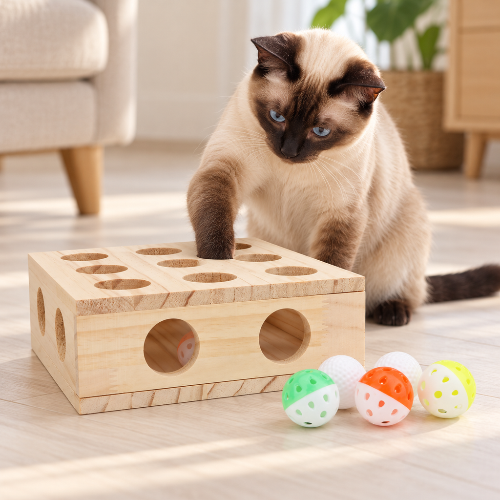 Siamese cat playing with wooden puzzle box