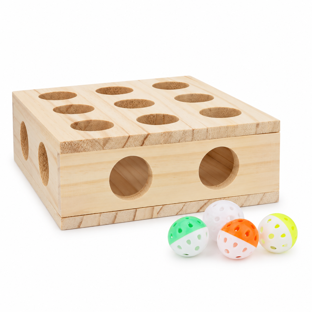 Pine cat puzzle box and play balls on white