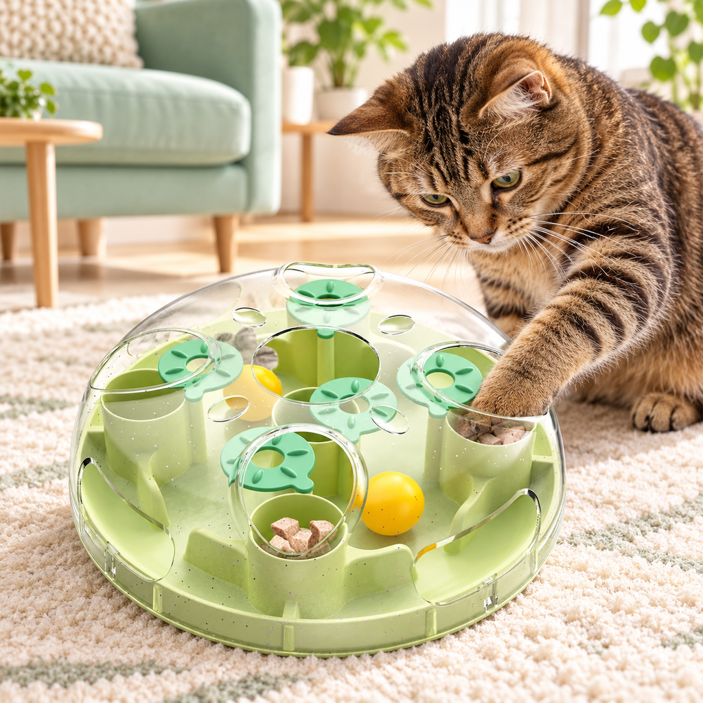 Tabby cat reaching into green puzzle orb