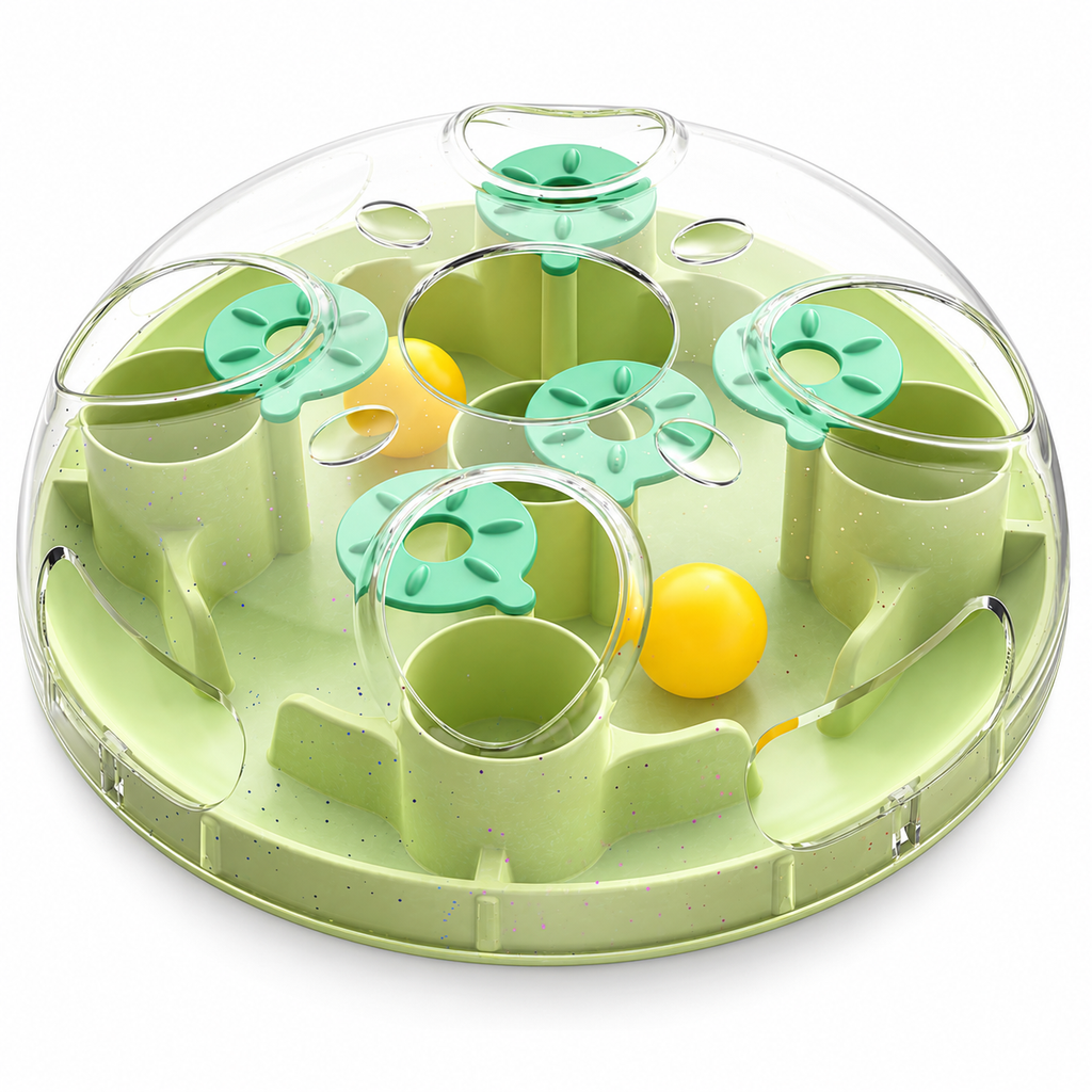 Green cat puzzle orb with yellow play balls on white