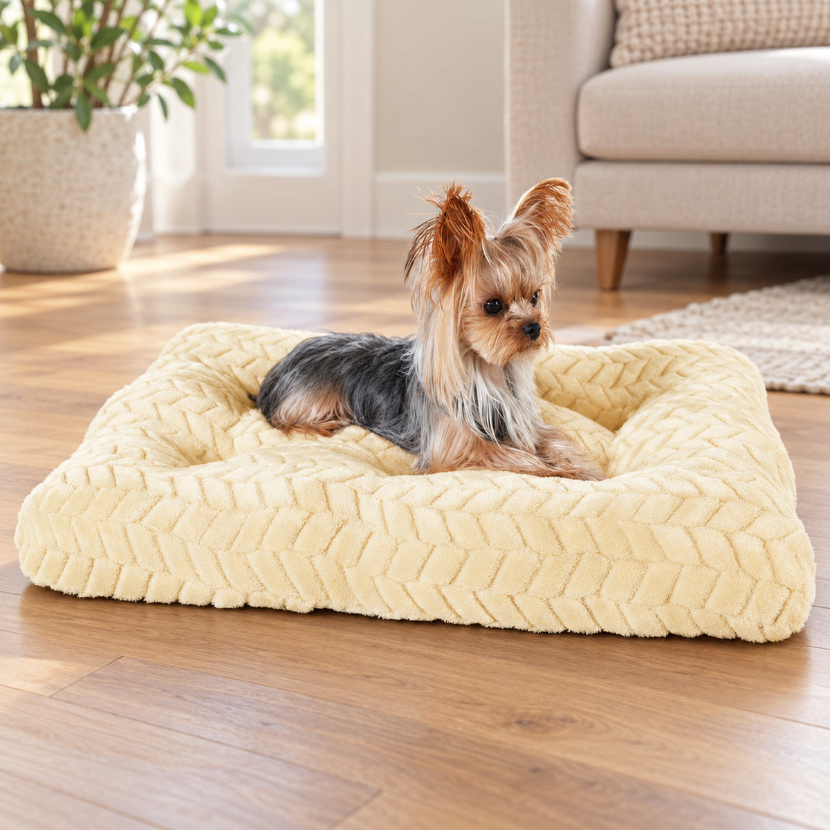 Beige textured dog bed with Yorkshire terrier in living room