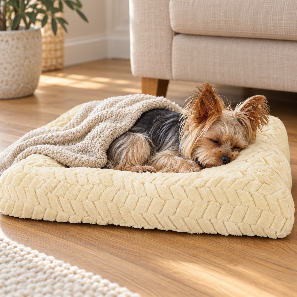 Yorkshire terrier sleeping in beige bed; blanket shown for styling
