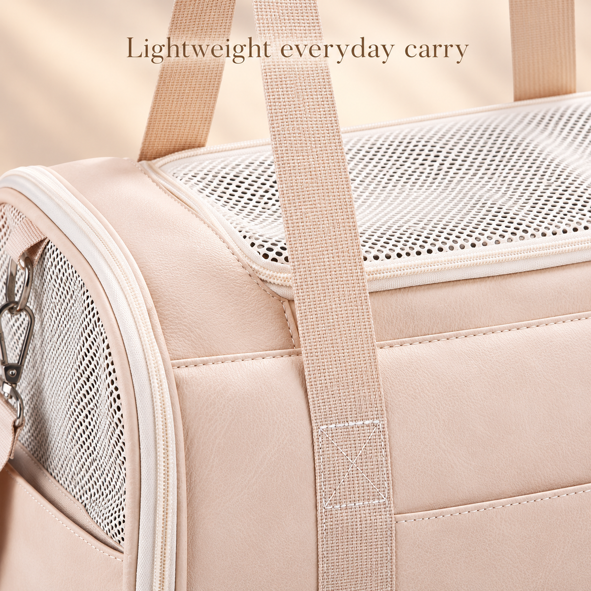 Close-up of Lasaviin carrier mesh, stitching and faux leather