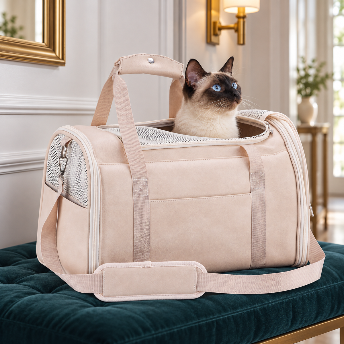 Siamese cat in ivory Lasaviin carrier on a teal bench