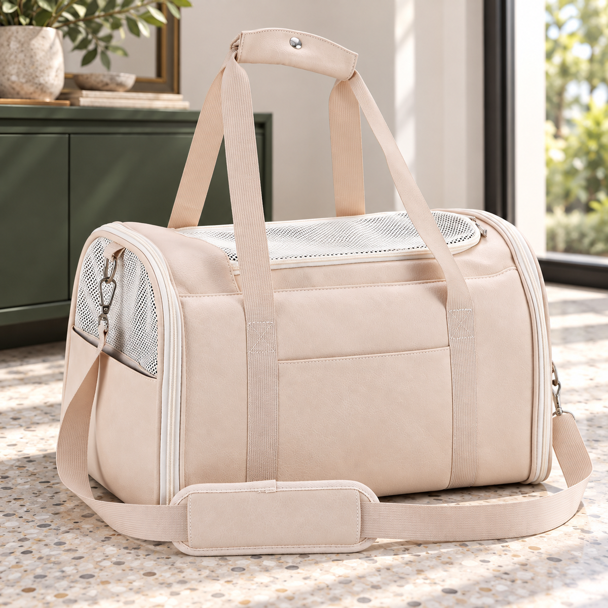Empty ivory Lasaviin carrier on terrazzo floor