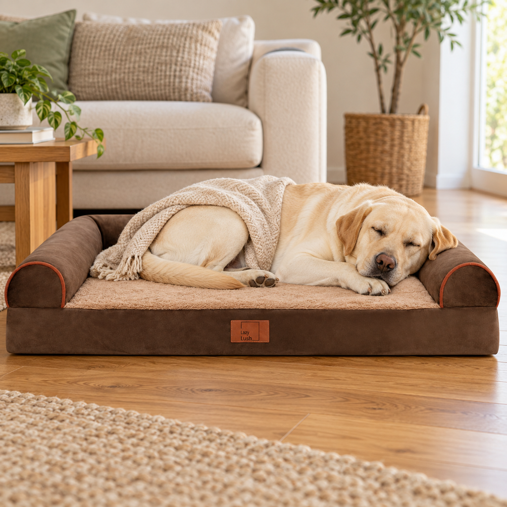 Labrador sleeping in brown bed; blanket shown for styling