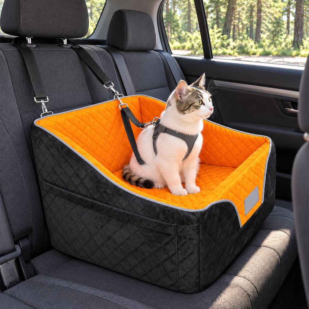Cat in an orange and black Lepark car seat in a parked vehicle