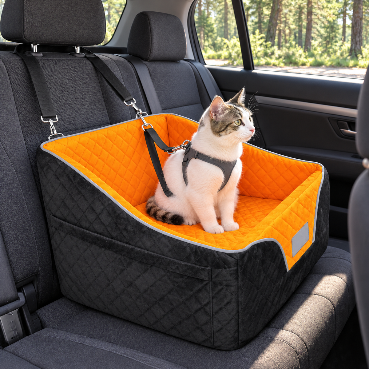 Cat in an orange and black Lepark car seat in a parked vehicle
