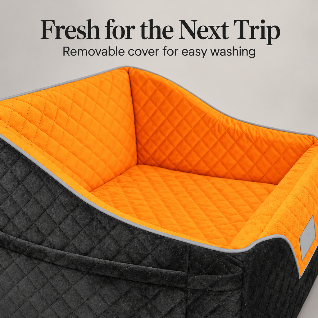 Orange quilted Lepark car seat removable cover detail