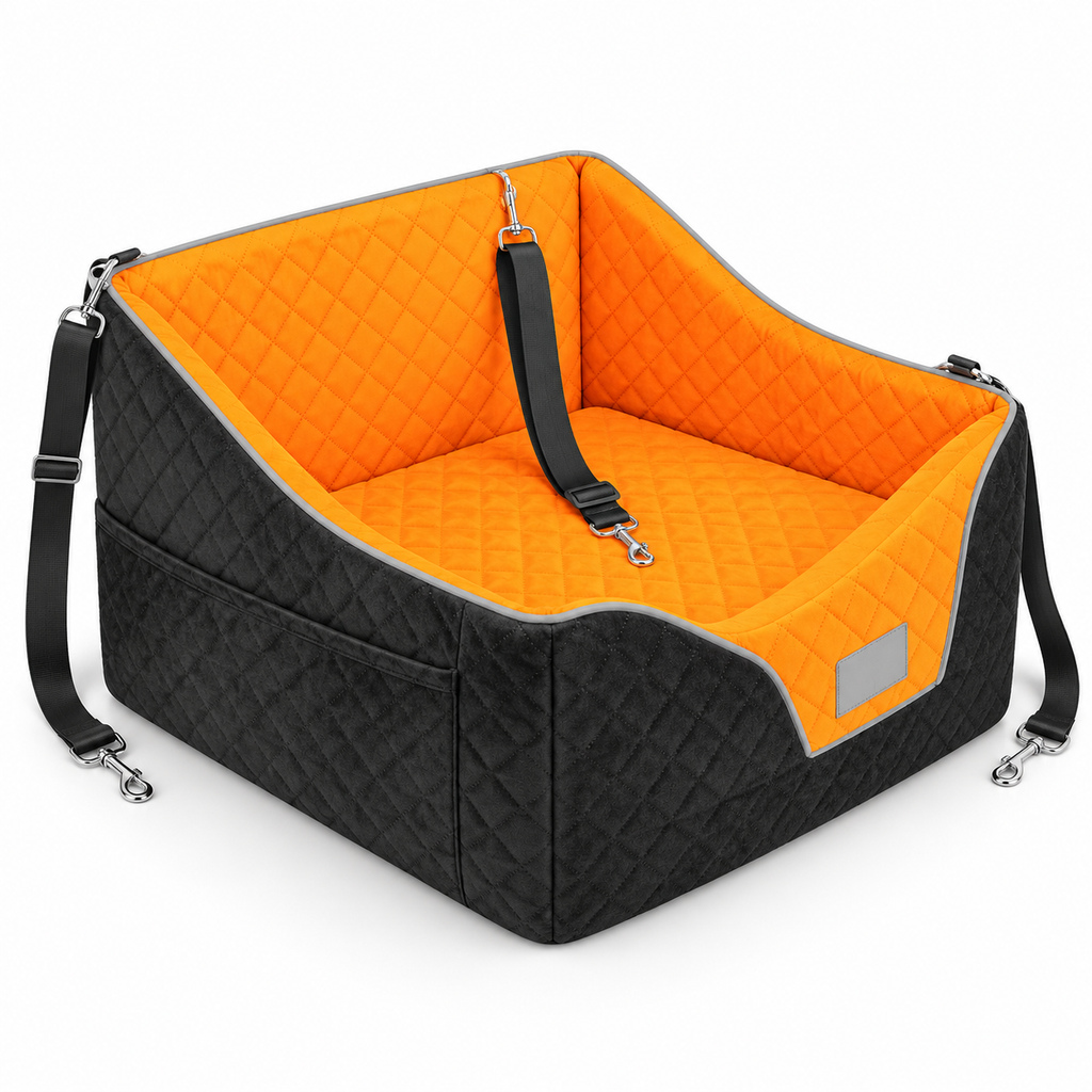 Empty orange and black Lepark pet car seat on white background