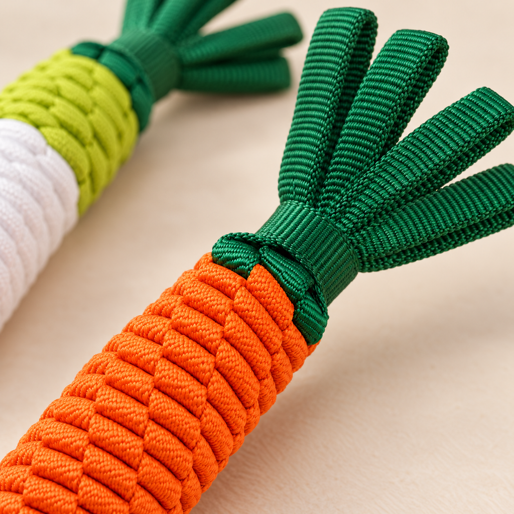 Close-up of the woven carrot rope and dark green webbing leaves