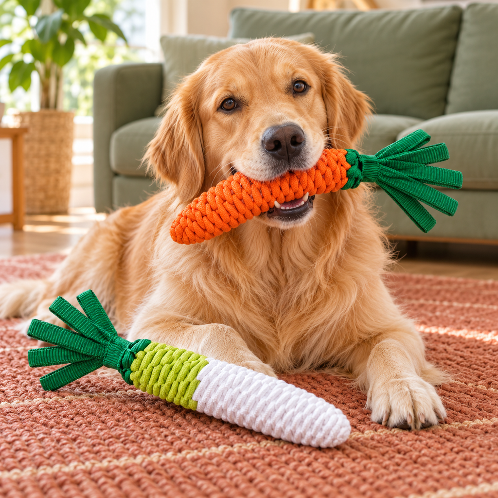 Golden retriever holding the orange carrot with the matching radish rope toy beside its paws