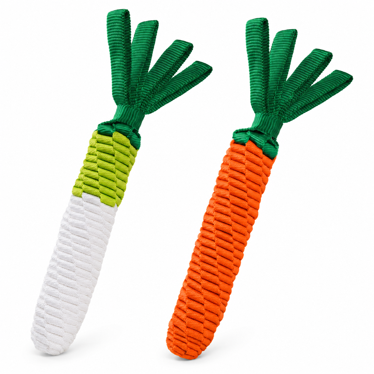 Orange carrot and white and green radish rope dog toys on a white background