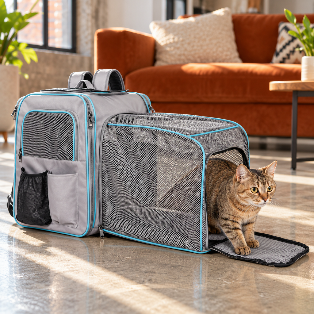 Tabby cat stepping from expanded LitaiL backpack