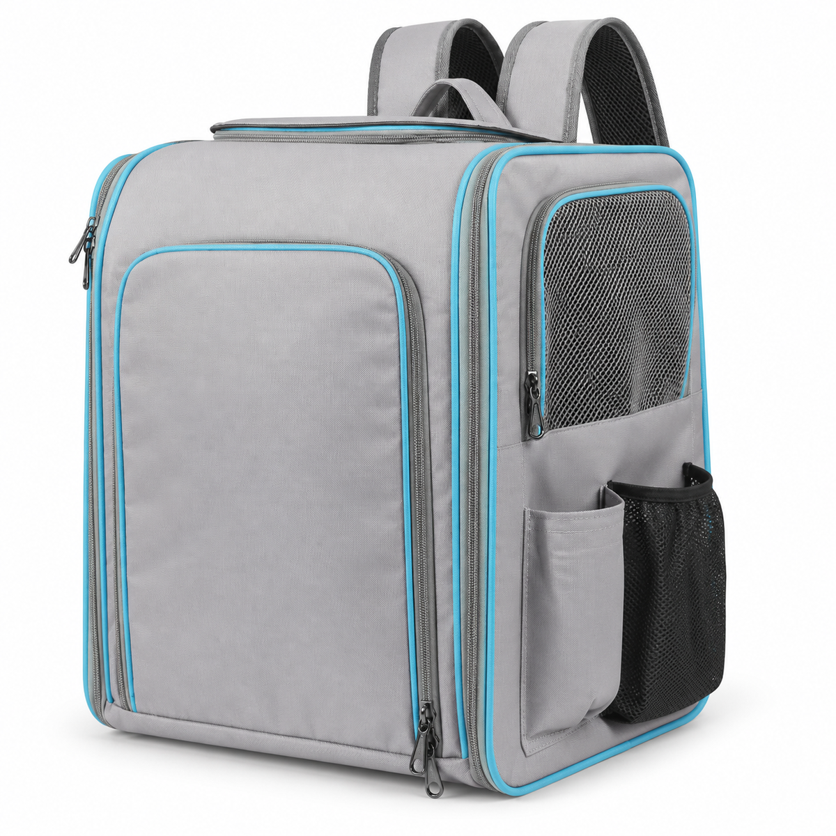 Compact grey and turquoise LitaiL backpack on white background