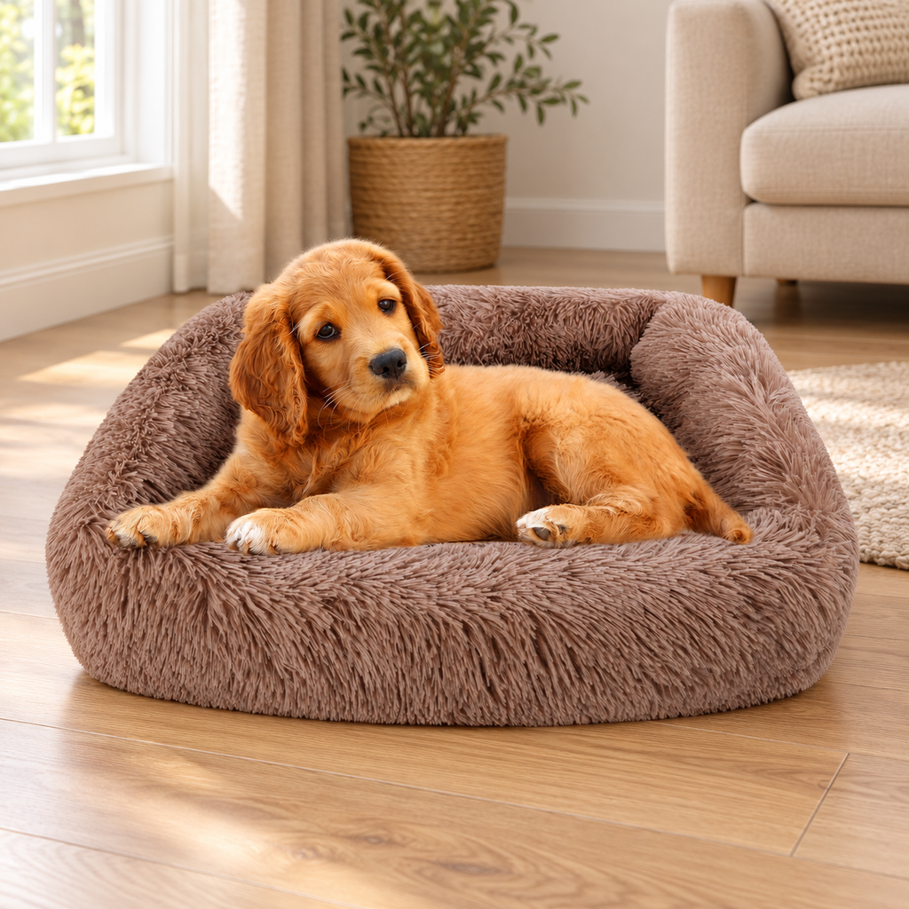 Brown fluffy dog bed with puppy in living room