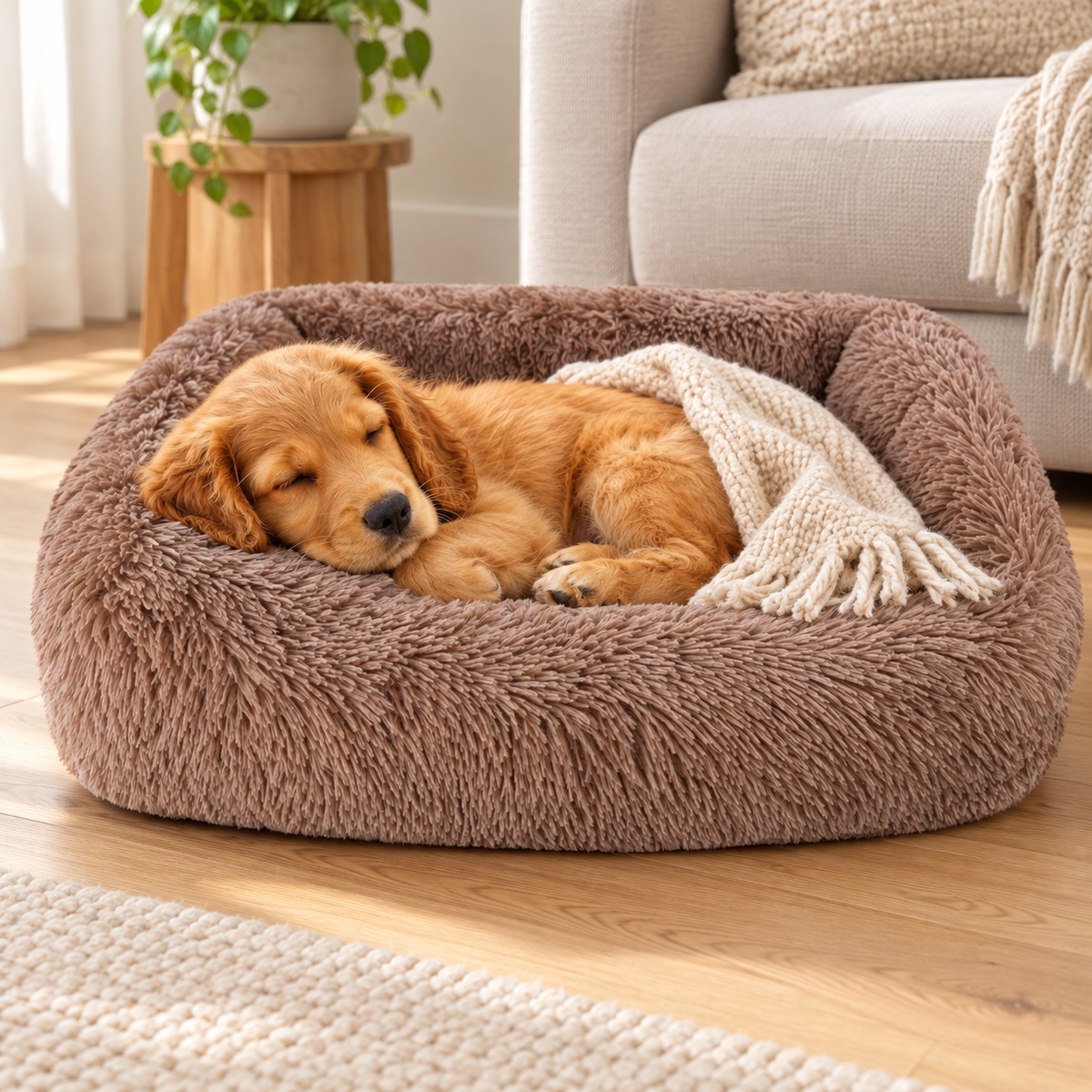 Puppy sleeping in fluffy brown bed; blanket shown for styling