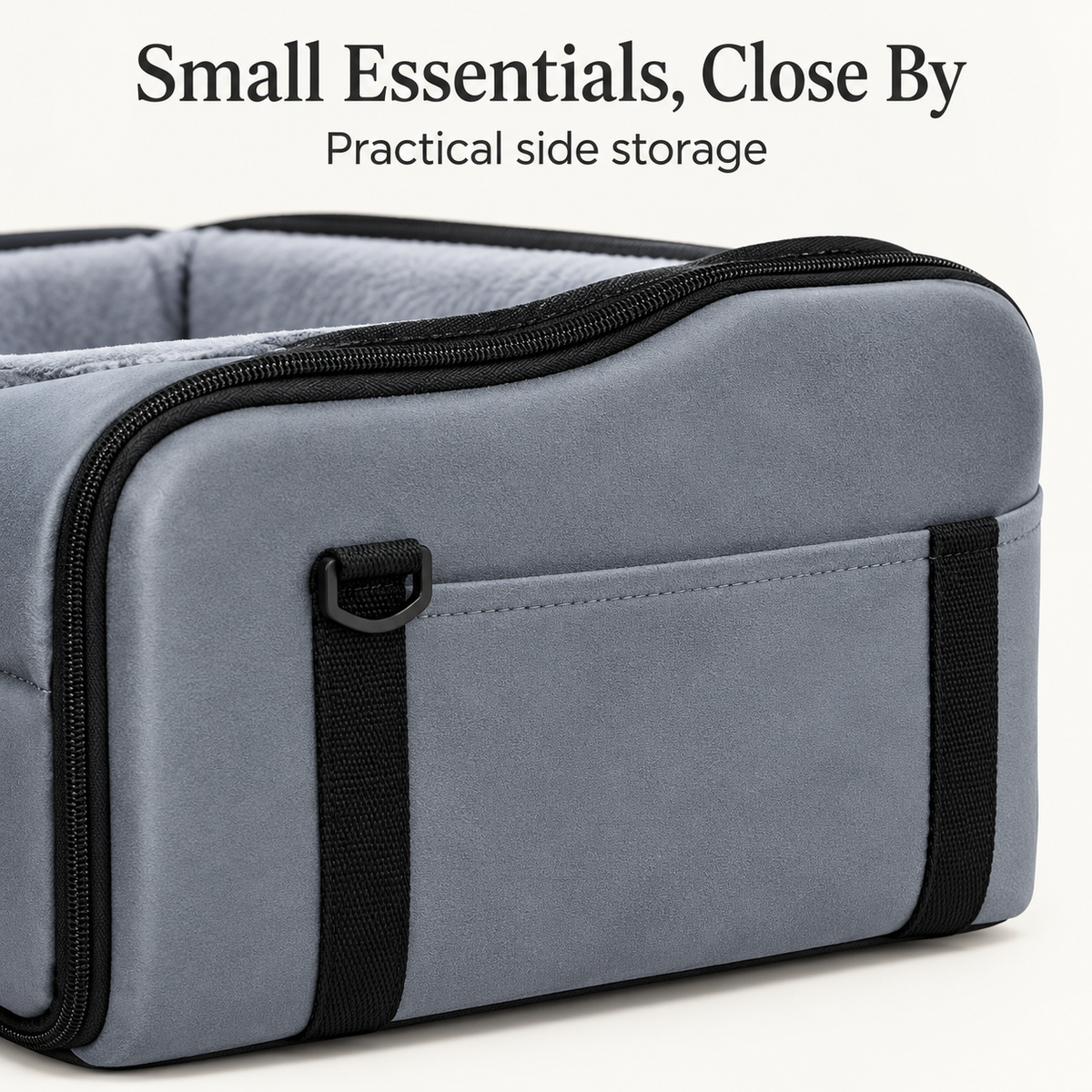 Grey console seat side storage pocket detail