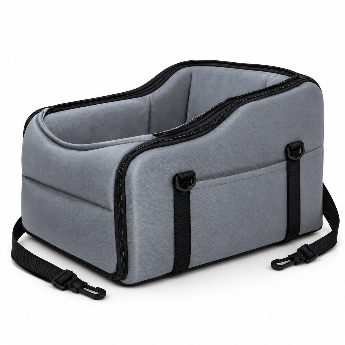 Empty grey console pet seat on white background