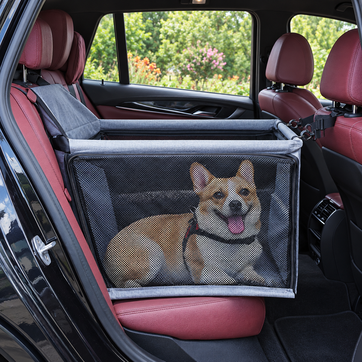 Grey mesh dog car seat with dog in car