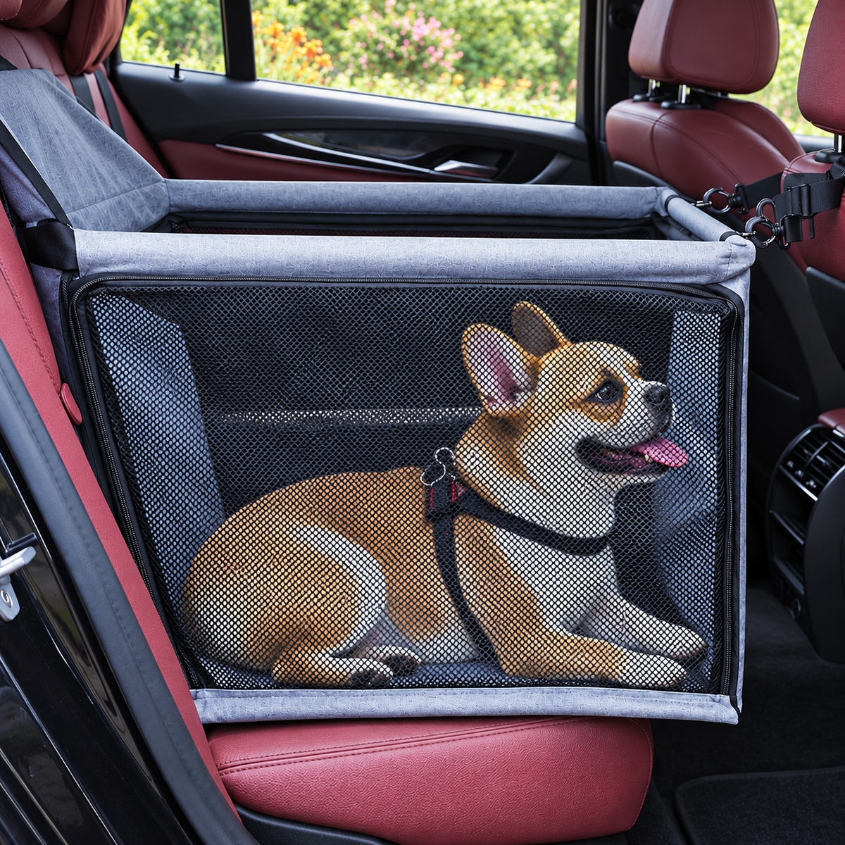 Close-up of grey mesh dog seat