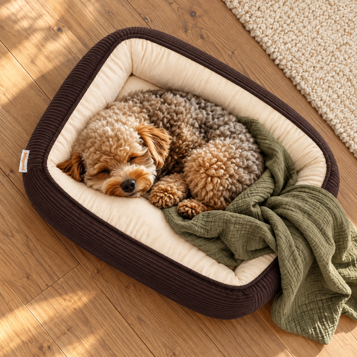 Miguel Small Orthopedic Memory Foam Dog & Cat Bed with Removable Washable Cover – Brown, 20 in – dog cuddling with blanket, alternate angle