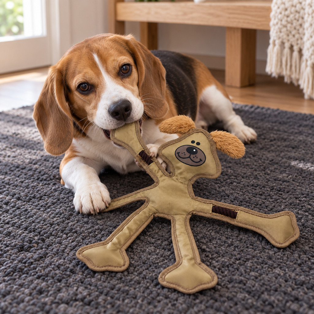 Beagle gently holding a tan Multipet Skele-Ropes dog toy on a charcoal rug