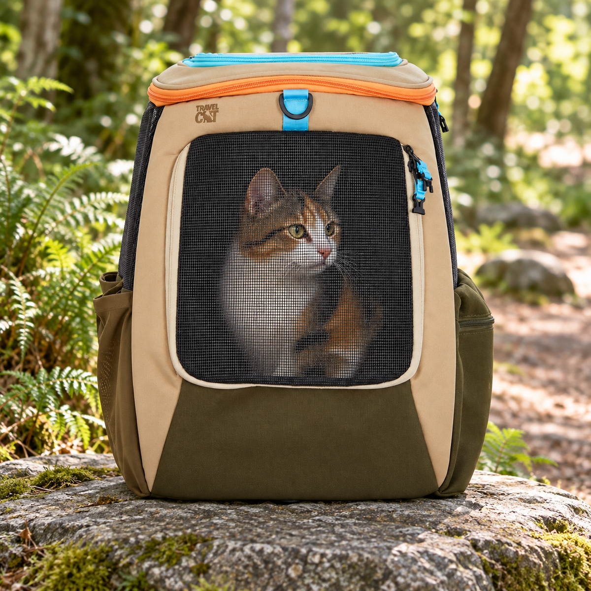 Travel Cat Navigator Earth backpack with a calico cat on a woodland path