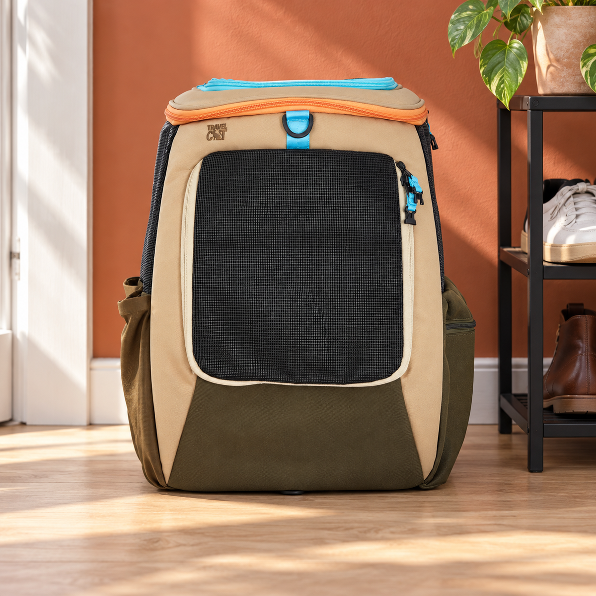 Empty Earth backpack in a terracotta entryway