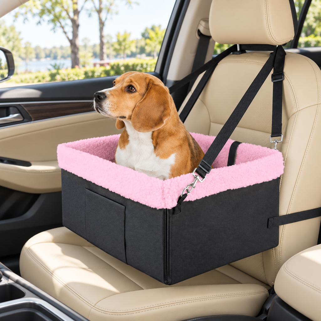 Pink Novolab booster seat with beagle in car