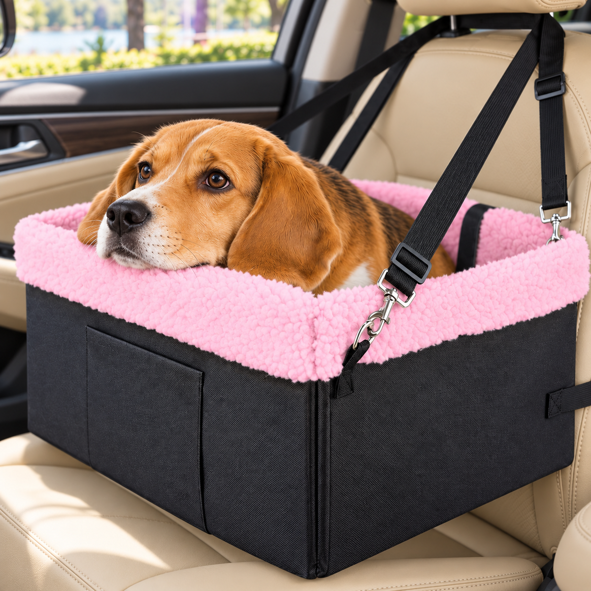 Beagle resting on padded pink rim