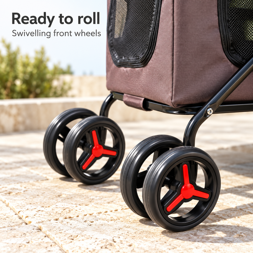 Close-up of swivelling front wheels on the Nowensol stroller
