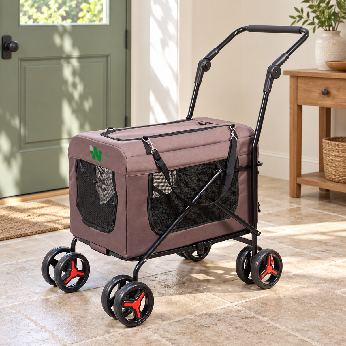 Empty Nowensol pet stroller beside a sage-green entrance door