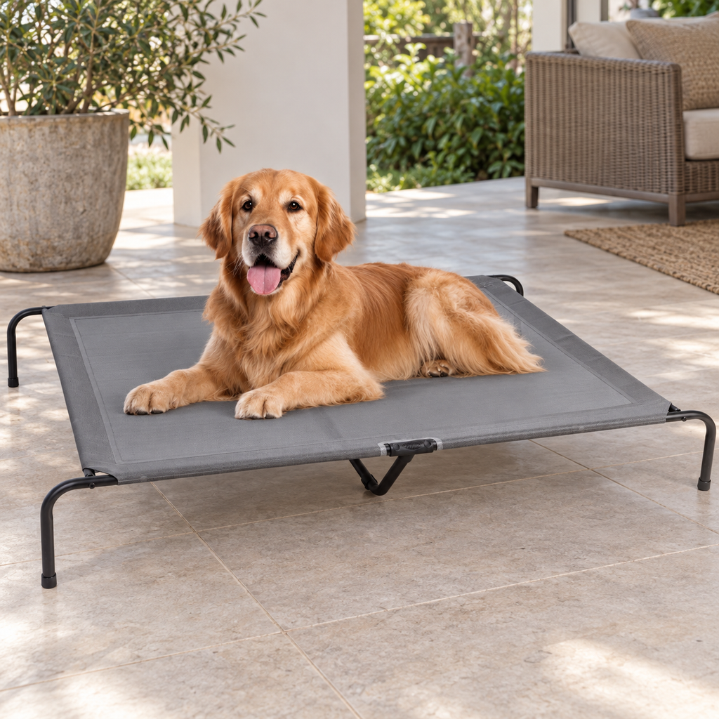 FluffyDream Elevated Cooling Dog Cot with Non-Slip Feet – Grey — Natural home setting