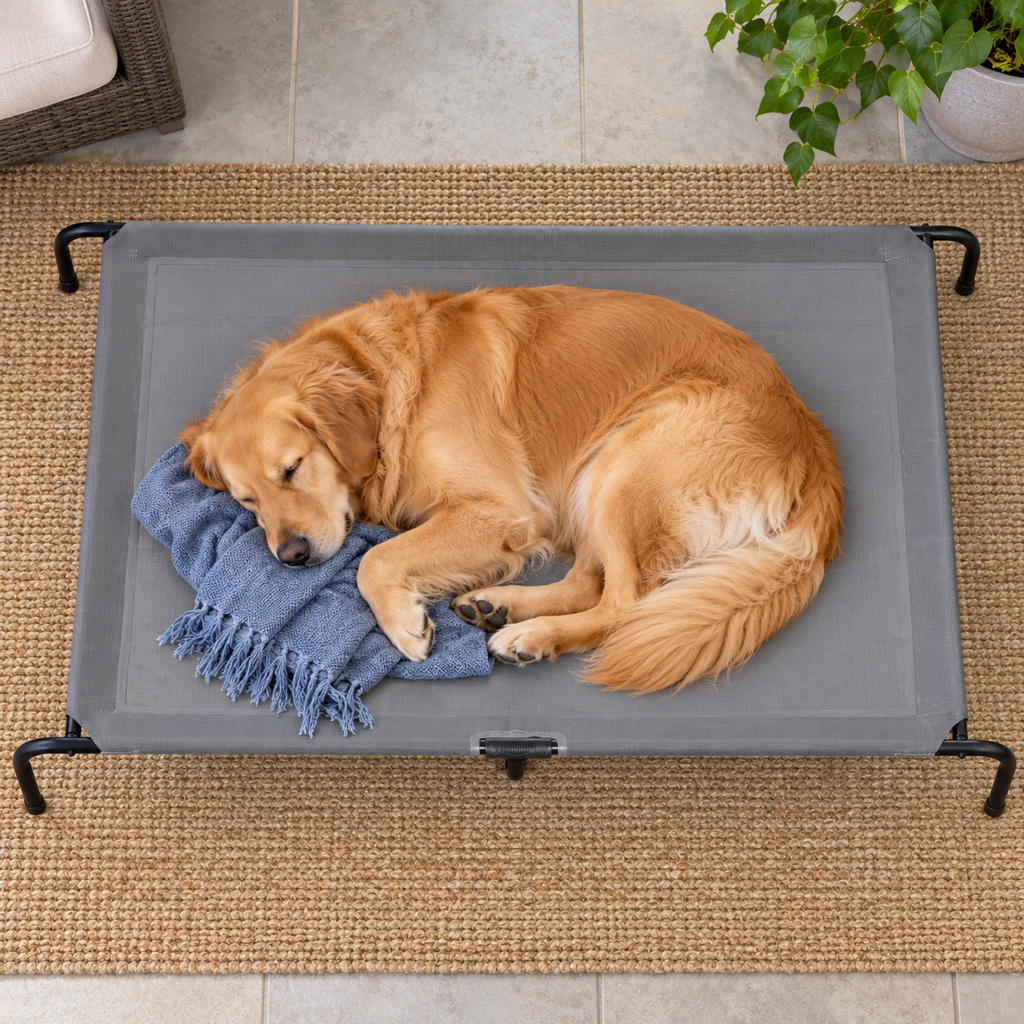 FluffyDream Elevated Cooling Dog Cot with Non-Slip Feet – Grey — Sleeping dog with blanket