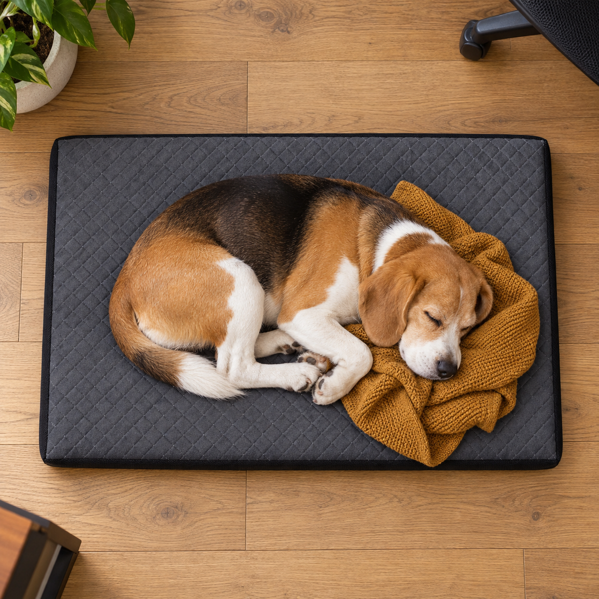 Aulase Durable Quilted Dog Crate Pad with Washable Cover & Non-Slip Base – Gray — Sleeping dog with blanket