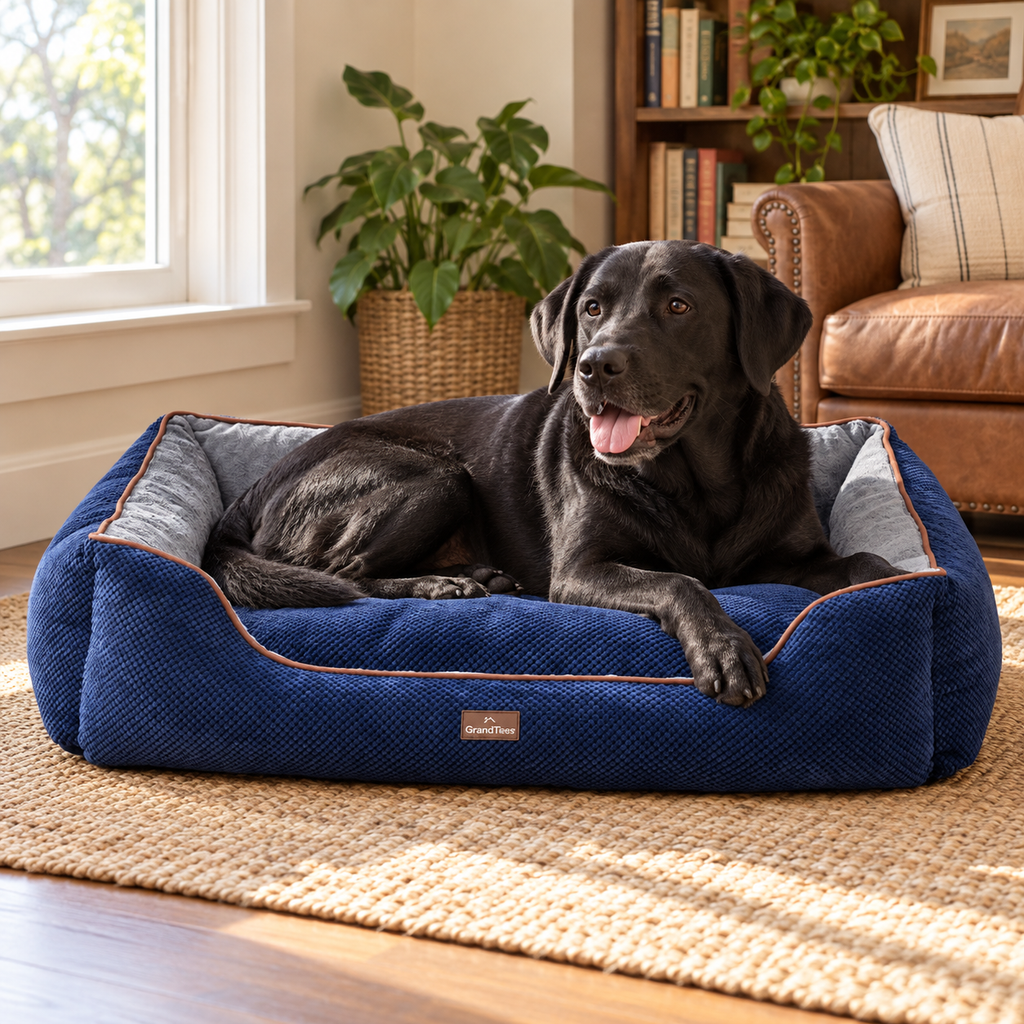 GRANDTIES XL Fluffy Dog & Cat Bed with Waterproof Non-Slip Base – Machine Washable, Navy — Natural home setting