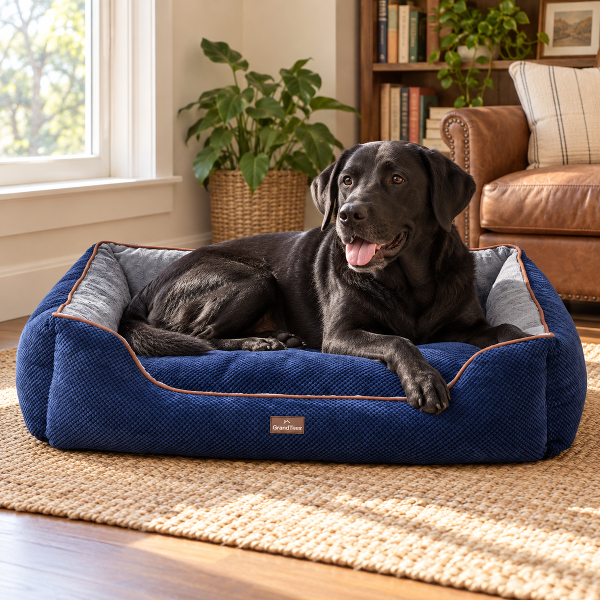 GRANDTIES XL Fluffy Dog & Cat Bed with Waterproof Non-Slip Base – Machine Washable, Navy — Natural home setting