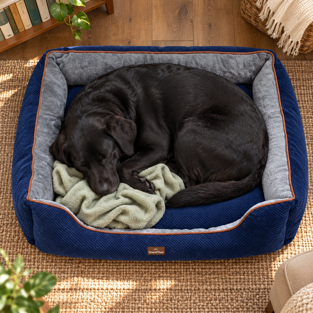 GRANDTIES XL Fluffy Dog & Cat Bed with Waterproof Non-Slip Base – Machine Washable, Navy — Sleeping dog with blanket