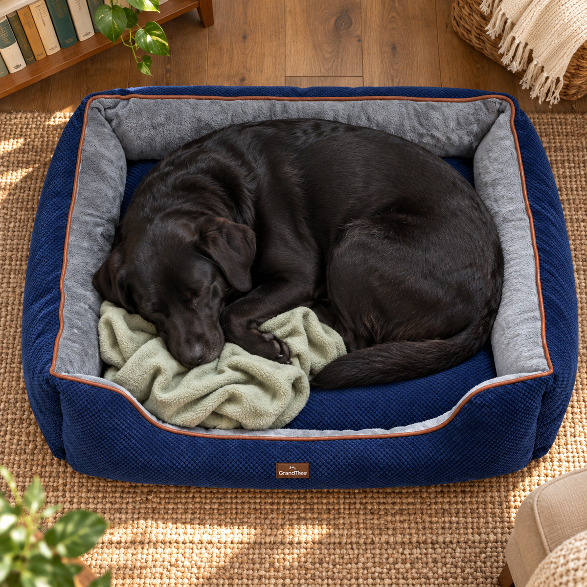 GRANDTIES XL Fluffy Dog & Cat Bed with Waterproof Non-Slip Base – Machine Washable, Navy — Sleeping dog with blanket