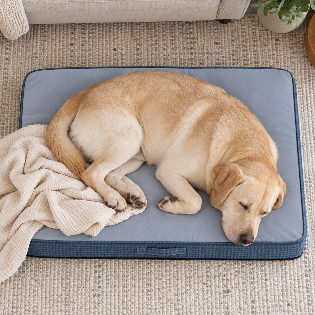 WEVEGO Medium Orthopedic Gel Memory Foam Dog Bed with Removable Cover & Waterproof Liner — Sleeping dog with blanket