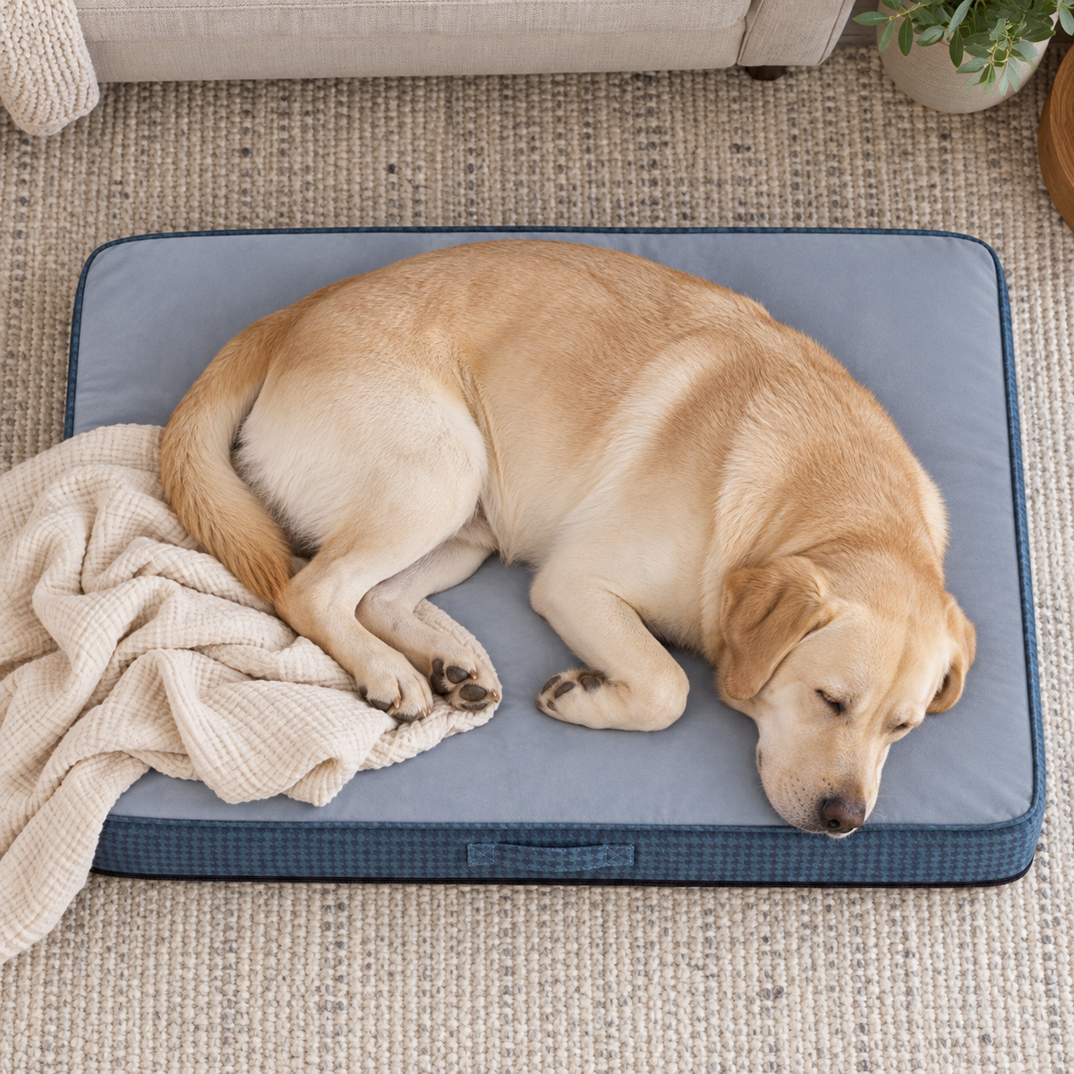 WEVEGO Medium Orthopedic Gel Memory Foam Dog Bed with Removable Cover & Waterproof Liner — Sleeping dog with blanket