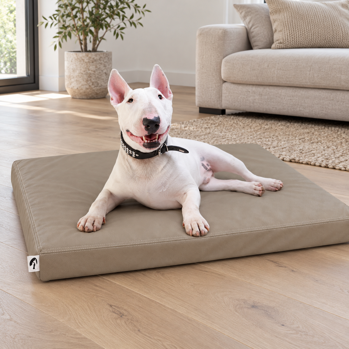 GUANGDEEN Large Waterproof Orthopedic Dog Crate Mat with Wipe-Clean Leather Cover — Natural home setting