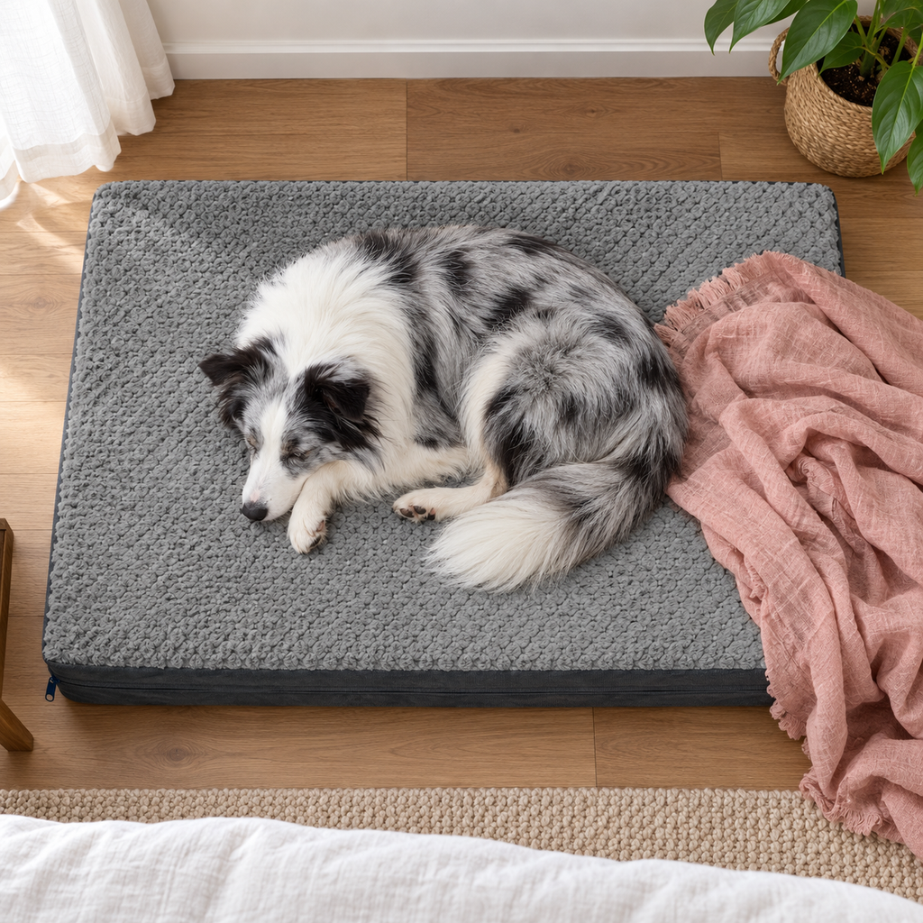 XL Reversible Waterproof Orthopedic Dog Bed with Removable Washable Cover – Dark Gray — Sleeping dog with blanket