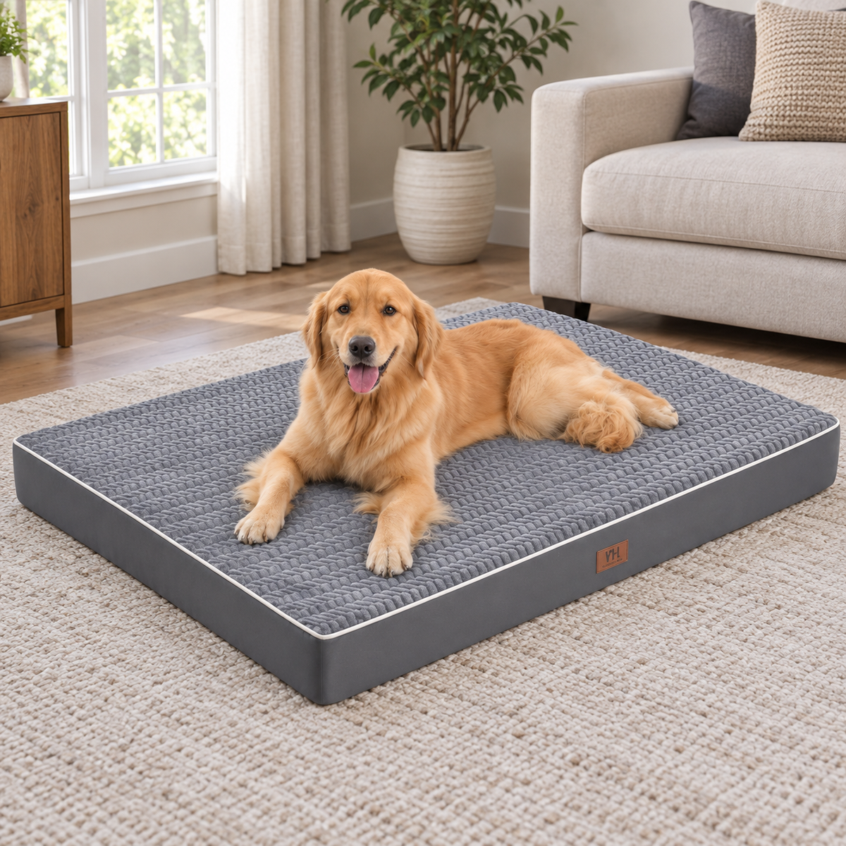 XXL Orthopedic Dog Crate Bed with Removable Washable Cover & Non-Slip Base — Natural home setting