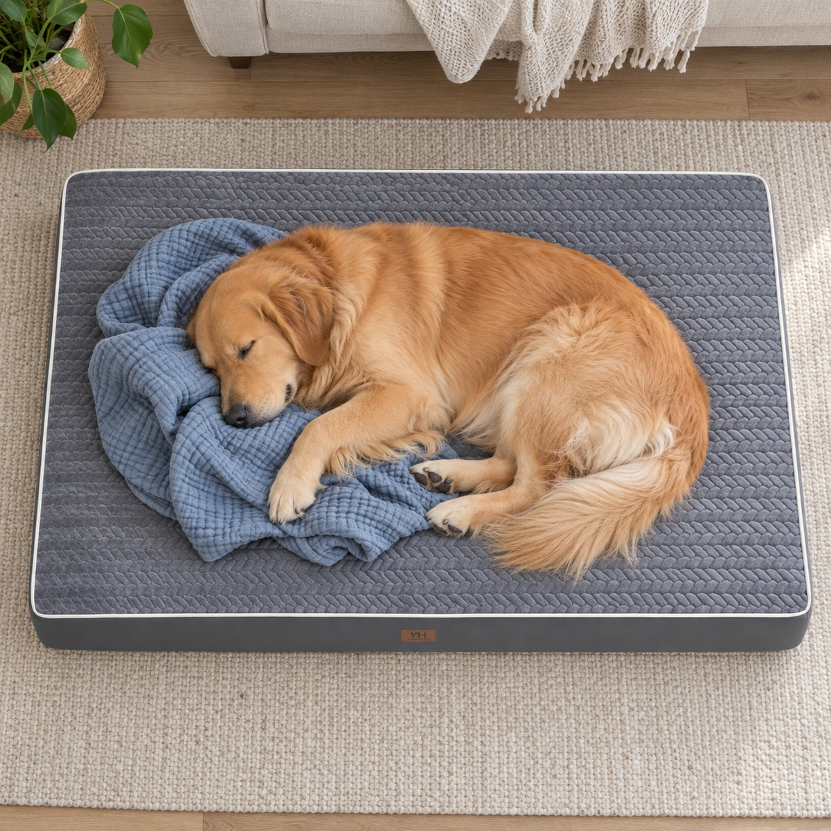 XXL Orthopedic Dog Crate Bed with Removable Washable Cover & Non-Slip Base — Sleeping dog with blanket