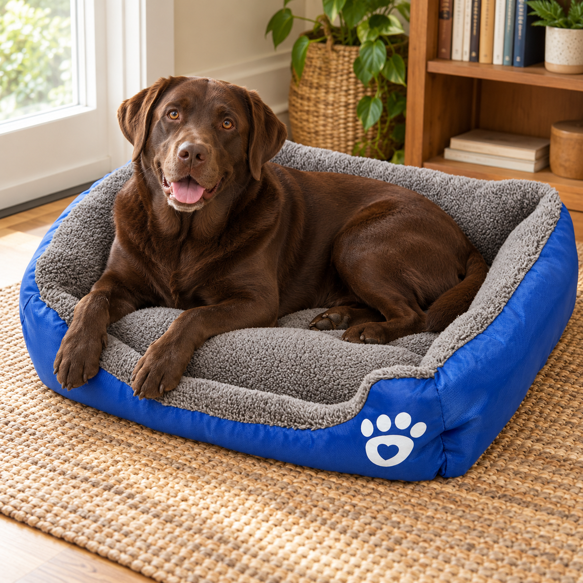 3XL Rectangular Dog Bed – Washable, Navy Blue — Natural home setting