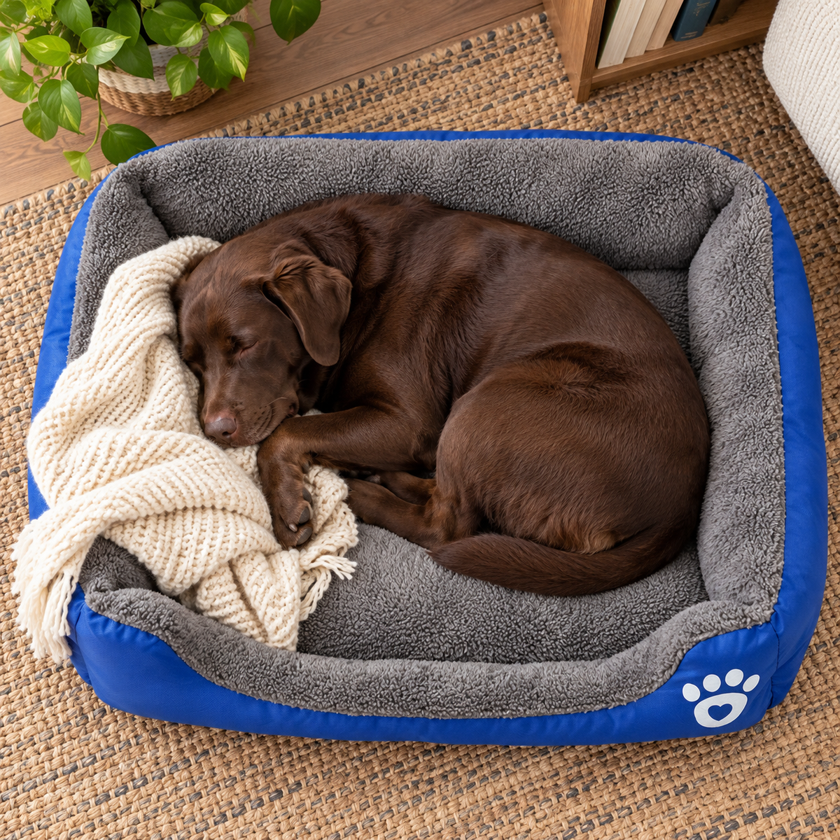 3XL Rectangular Dog Bed – Washable, Navy Blue — Sleeping dog with blanket