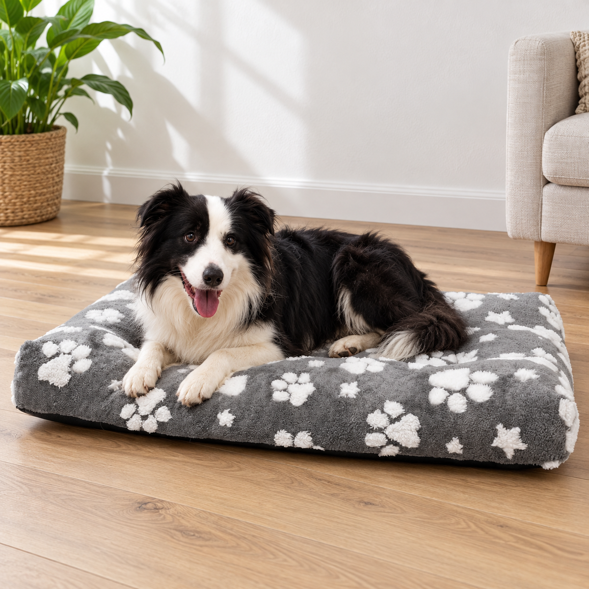 Yaning XL Fluffy Dog Crate Bed with Removable Washable Cover – Grey Paw — Natural home setting